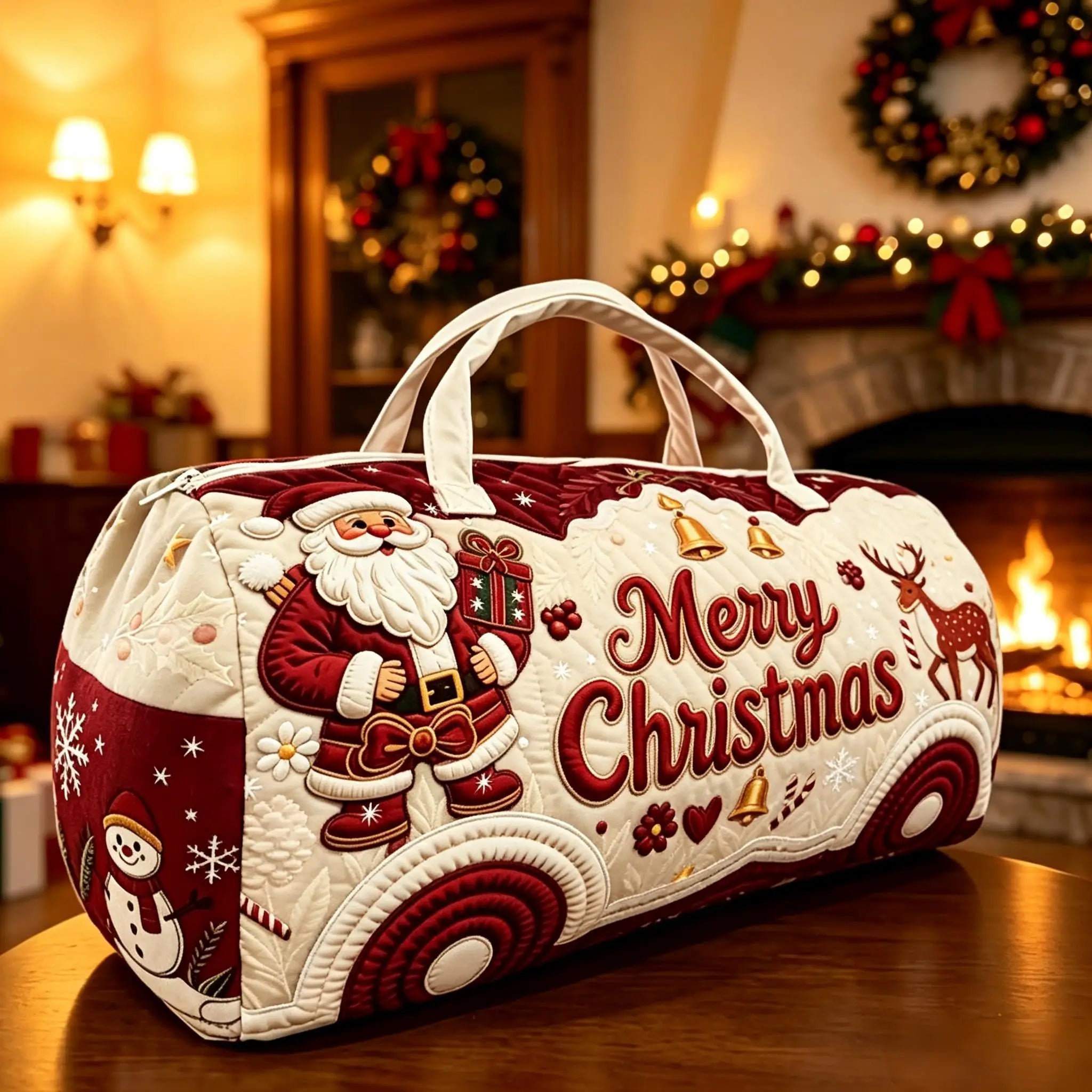 Christmas Bus Novelty Tote Bag – Snowflake Print Travel Handbag A Christmas-themed duffel bag with a quilted white and deep red design, featuring an embroidered Santa Claus, reindeer, snowman, bells, and the words 'Merry Christmas' on a wooden table in a warm, decorated living room.