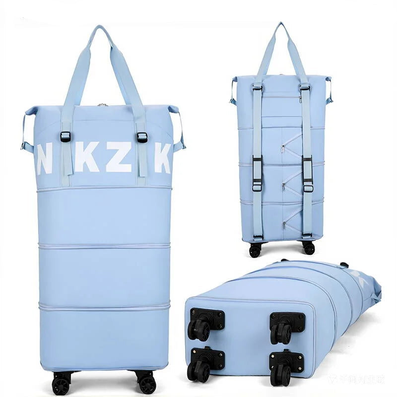 Large Capacity Foldable Travel Bag with Wheels Light blue expandable rolling duffel bag shown from multiple angles on a white background, with text at the top describing removable double shoulder strap wheels.