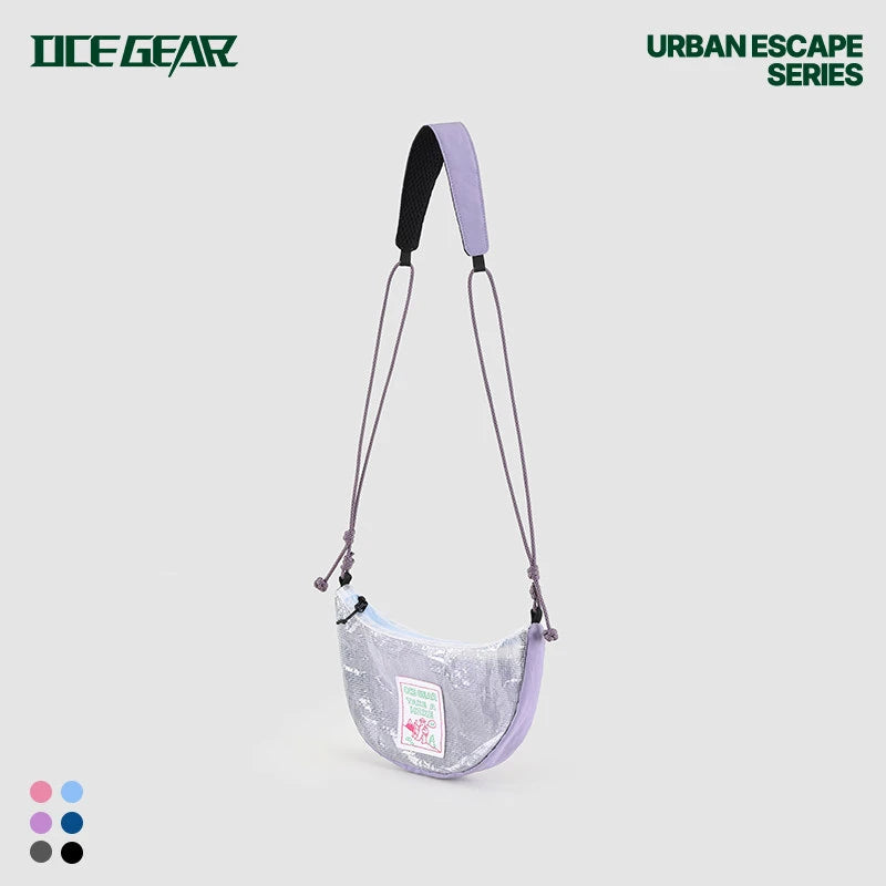 Ultralight Mesh Sling Bag – Waterproof Half Moon Crossbody Bag A semi-circular shoulder bag from Ice Gear in a translucent lavender and silver colorway, featuring a black-and-lavender padded top handle and a thin matching shoulder strap. The bag has a small green and pink graphic label on the front.