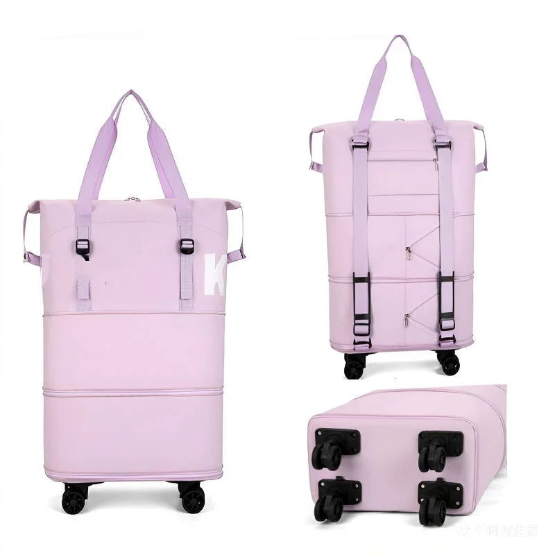 Large Capacity Foldable Travel Bag with Wheels Light purple expandable two-layered suitcase with wheels on a white background