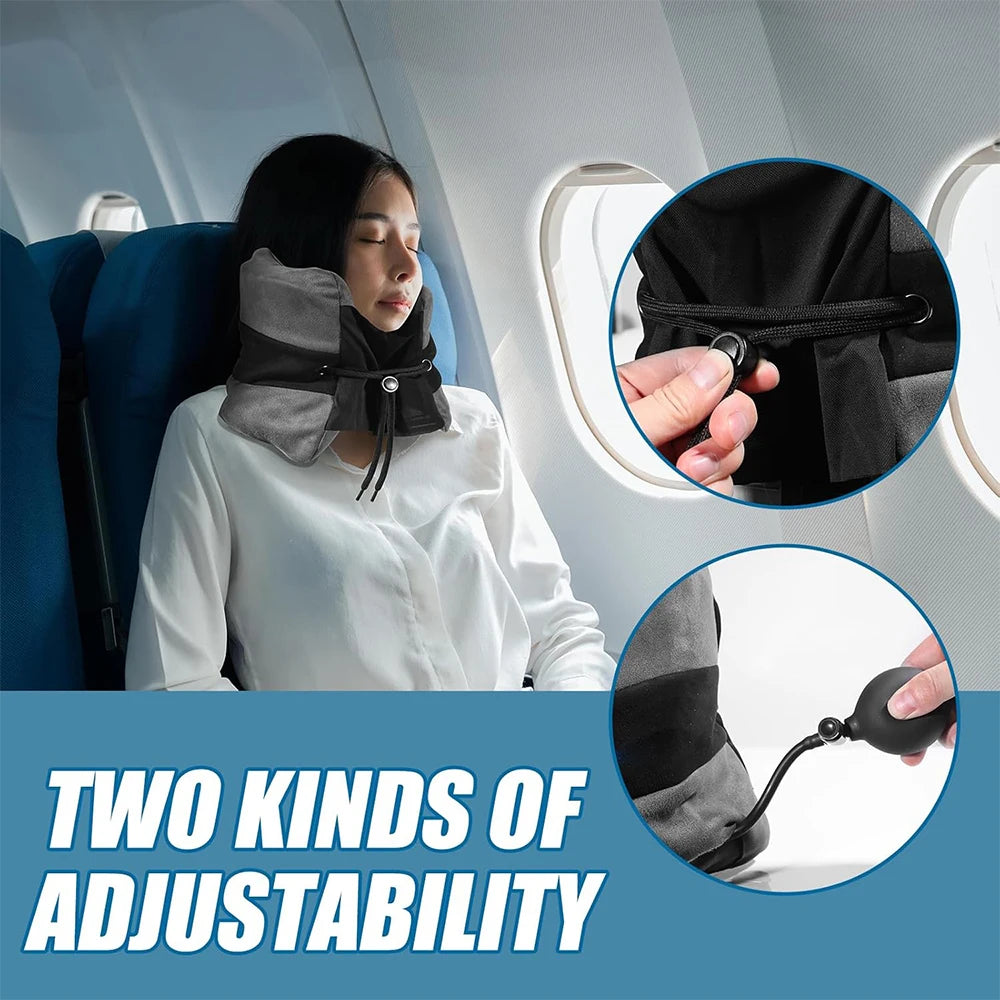 Inflatable Travel Neck Pillow – Adjustable Neck & Shoulder Support Person using an airplane neck pillow with close-up details of adjustability.