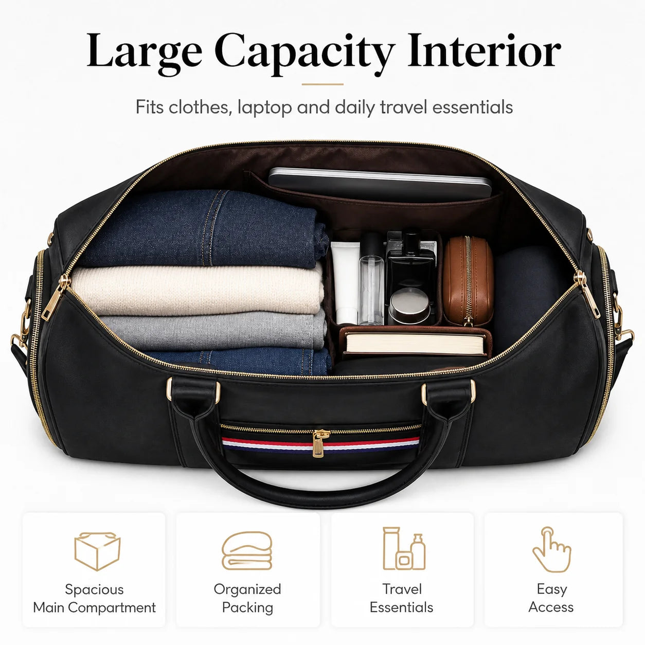 Premium Garment Duffel Bag with Shoe Compartment An open black duffel bag with gold-tone zippers and handles, shown filled with folded clothes, toiletries, and accessories to demonstrate its large capacity. Text at the top reads 'Large Capacity Interior' and there are four feature icons at the bottom describing spacious main compartment, organized packing, travel essentials, and easy access.