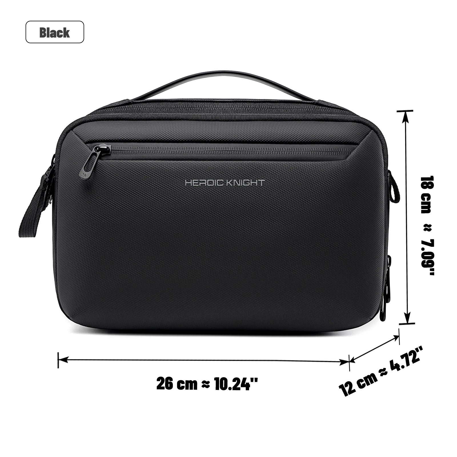 Waterproof Travel Toiletry Bag – Portable Wash Bag & Cosmetic Organizer Black textured toiletry bag with top handle and front zip pocket, shown with dimension lines and labels indicating 26 cm width, 12 cm depth, and 18 cm height. The brand name 'HEROIC KNIGHT' is printed on the front, and a small 'Black' label appears in the top left corner.