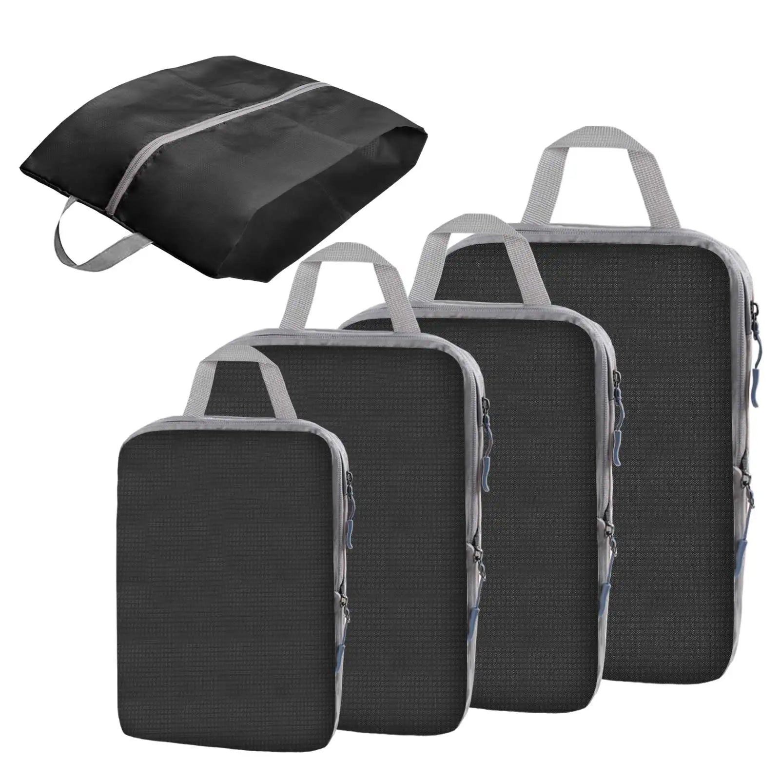 Waterproof Compression Packing Cube for Travel – Suitcase Organizer Four black packing cubes with gray handles and trim, shown in ascending size order, with a smaller matching zippered bag floating above them on a plain white background.