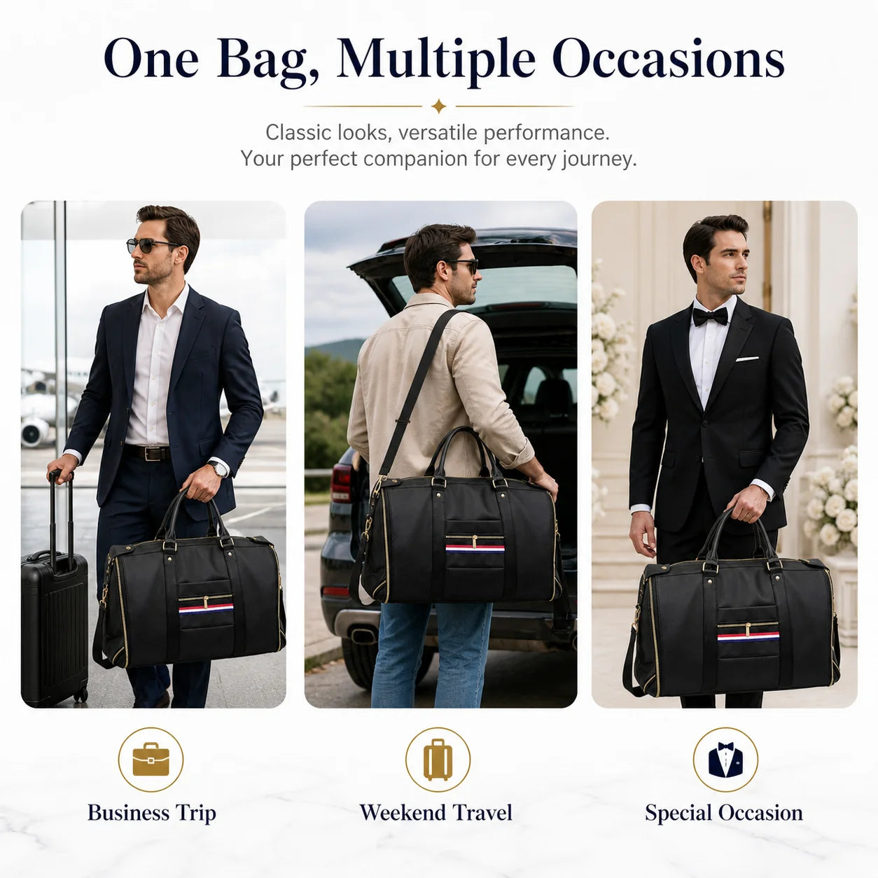 Premium Garment Duffel Bag with Shoe Compartment Promotional graphic for a black duffel bag shown in three lifestyle panels with men wearing suits, one by a suitcase at an airport, one by an open car trunk, and one in formal wear holding the bag. Text at the top reads 'One Bag, Multiple Occasions' with icons below for Business Trip, Weekend Travel, and Special Occasion.