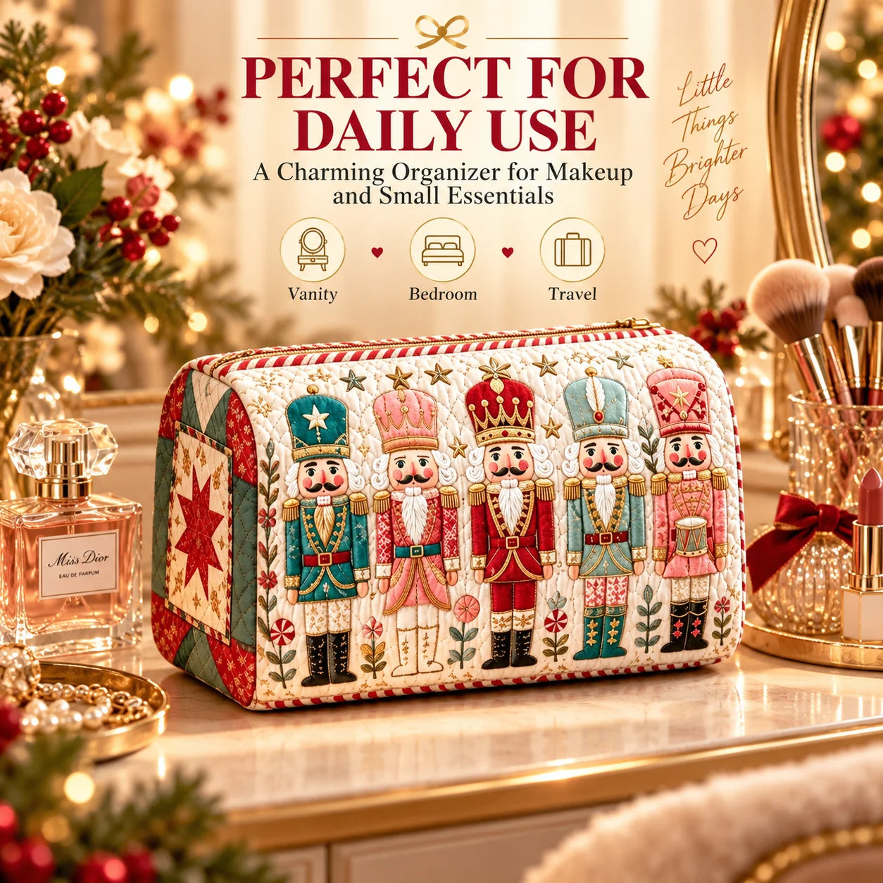 Christmas Quilted Nutcracker Makeup Bag – Travel Cosmetic Pouch A festive quilted makeup organizer case with nutcracker illustrations sits on a bathroom vanity. The case features a cream background with red, green, and blue nutcracker figures and embroidered stars.