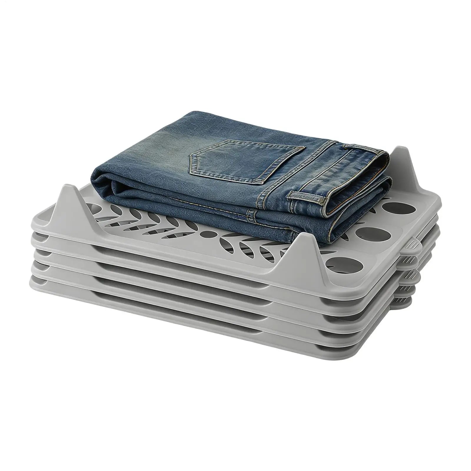Stackable Clothes Organizers – 5-Piece Interlocking Shirt & T-Shirt Storage A stack of light gray plastic hanging laundry racks with circular drainage holes, shown on a white background with a pair of folded blue jeans placed on top as a demonstration prop.