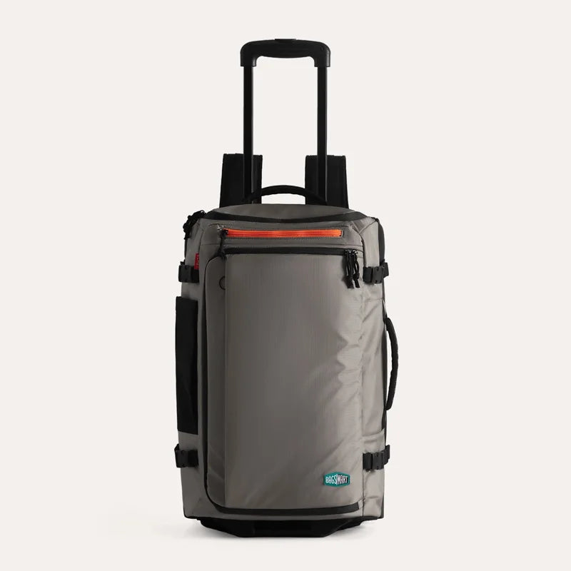 Wheeled Travel Backpack – Large Capacity Carry-On Gray rolling suitcase with black handle and wheels on a light gray background