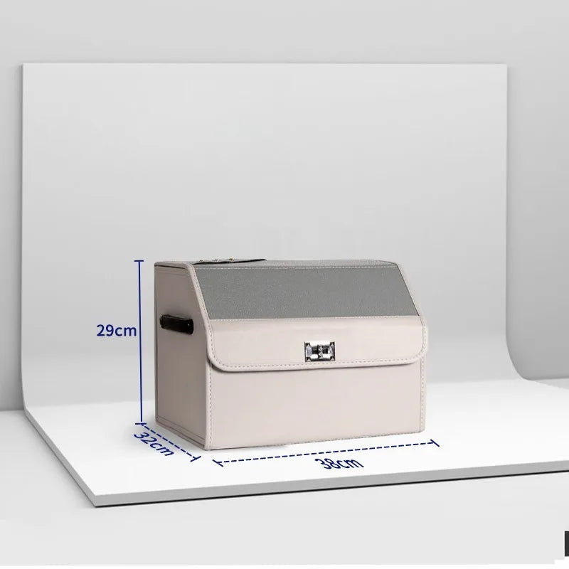 Leather Car Trunk Organizer – Large Capacity Foldable Storage Box A beige and gray storage box with a hinged lid and metal clasp, shown on a white display stand with blue dimension lines indicating 29cm height, 32cm width, and 39cm depth.