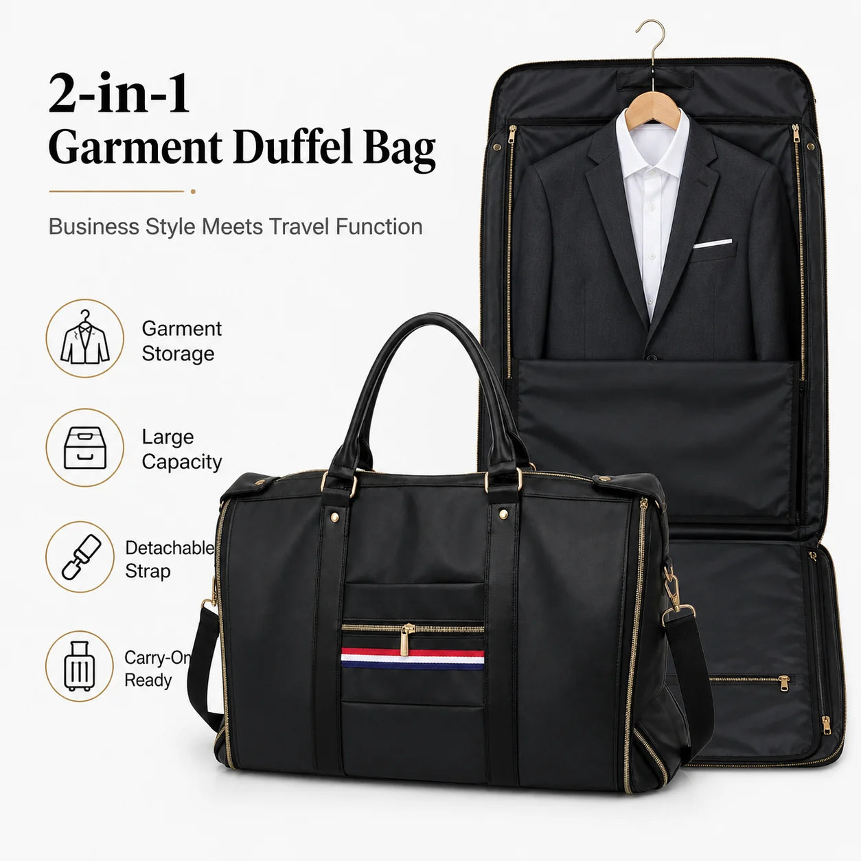 Premium Garment Duffel Bag with Shoe Compartment A black 2-in-1 garment duffel bag shown in two views: closed in the foreground and open in the background, containing a suit jacket and shirt. The image includes marketing text and feature icons for garment storage, large capacity, detachable strap, and carry-on readiness.