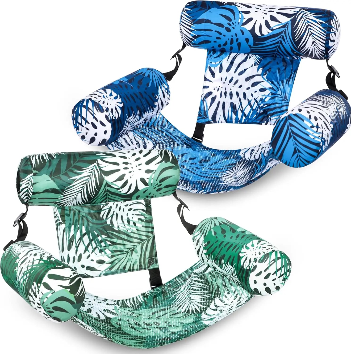 Inflatable Pool Chair – Leaf Floating Lounger for Pool & Beach Two adjustable pool float chairs with padded armrests and backrests, shown on a plain white background. One chair has a blue and white tropical leaf pattern, and the other has a green and white tropical leaf pattern.