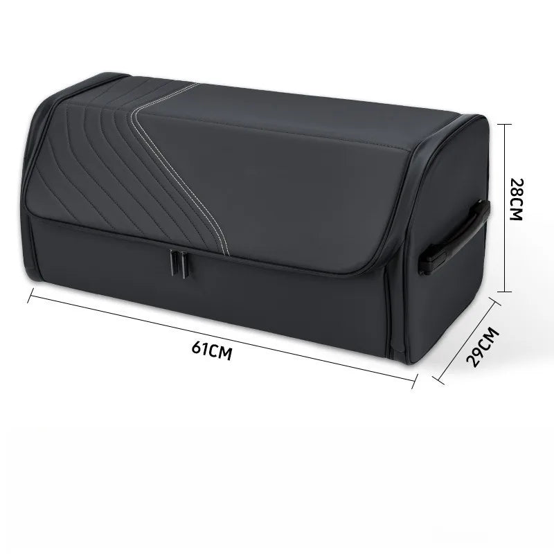 Luxury Leather Car Trunk Organizer – Large Foldable Storage Box Black storage trunk with dimension markings showing 61cm length, 28cm height, and 29cm width on a white background.