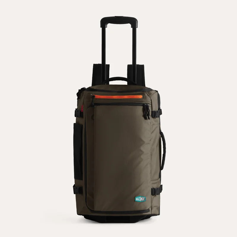 Wheeled Travel Backpack – Large Capacity Carry-On Gray rolling suitcase with black handle and wheels on a light gray background