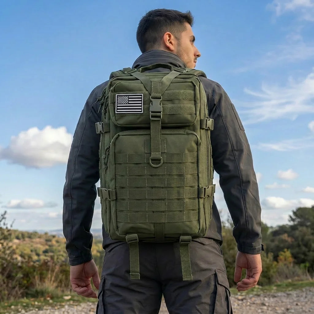 Tactical Backpack – Large Capacity Molle Hiking & Travel Bag A man wearing an olive green tactical backpack with a US flag patch on the front, photographed from behind against an outdoor sky background.