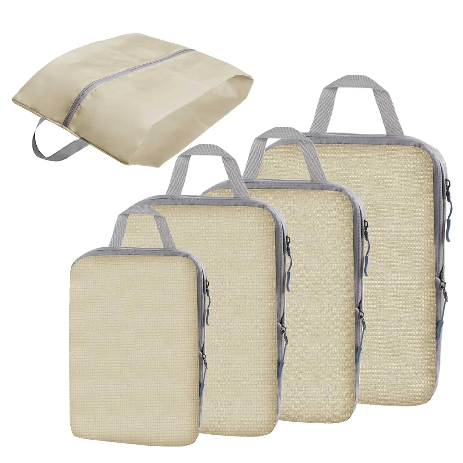Waterproof Compression Packing Cube for Travel – Suitcase Organizer Set of beige packing cubes with gray straps on a white background