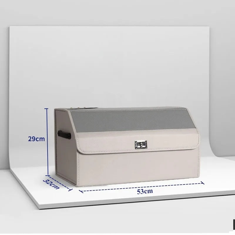 Leather Car Trunk Organizer – Large Capacity Foldable Storage Box A beige and gray storage trunk with dimension markings showing 53cm length, 29cm height, and 32cm width, displayed on a white background.