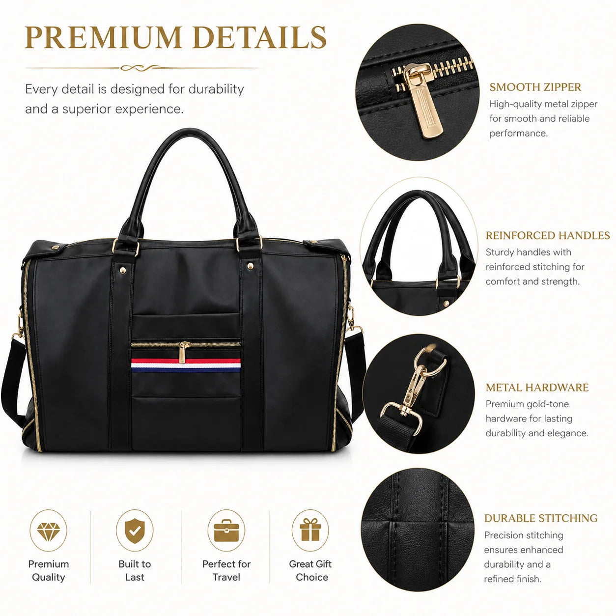 Premium Garment Duffel Bag with Shoe Compartment Black leather briefcase-style tote bag with top handles, a front zip pocket, and gold-tone hardware, shown on a white background with feature callout circles and text highlighting zipper, handles, hardware, and stitching.