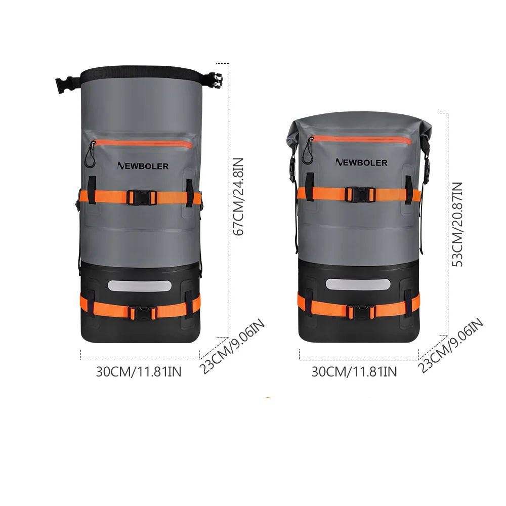PVC Waterproof Dry Bag Backpack – Kayaking, Swimming & Camping Two gray and orange Newboler bags with dimensions and specifications on a white background.