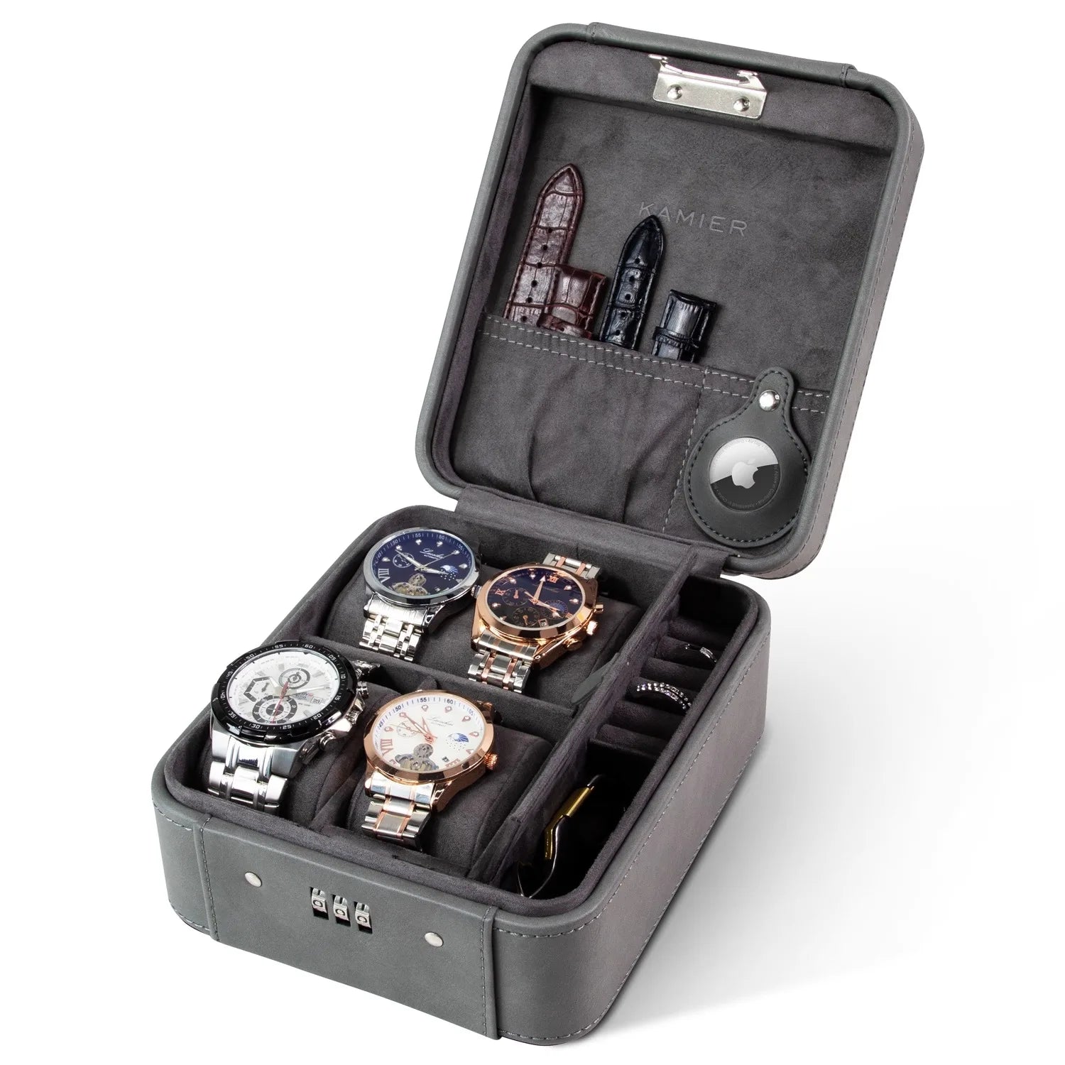 Travel Watch & Jewelry Case with Combination Lock – PU Leather Organizer Gray watch storage case with multiple watches inside on a white background