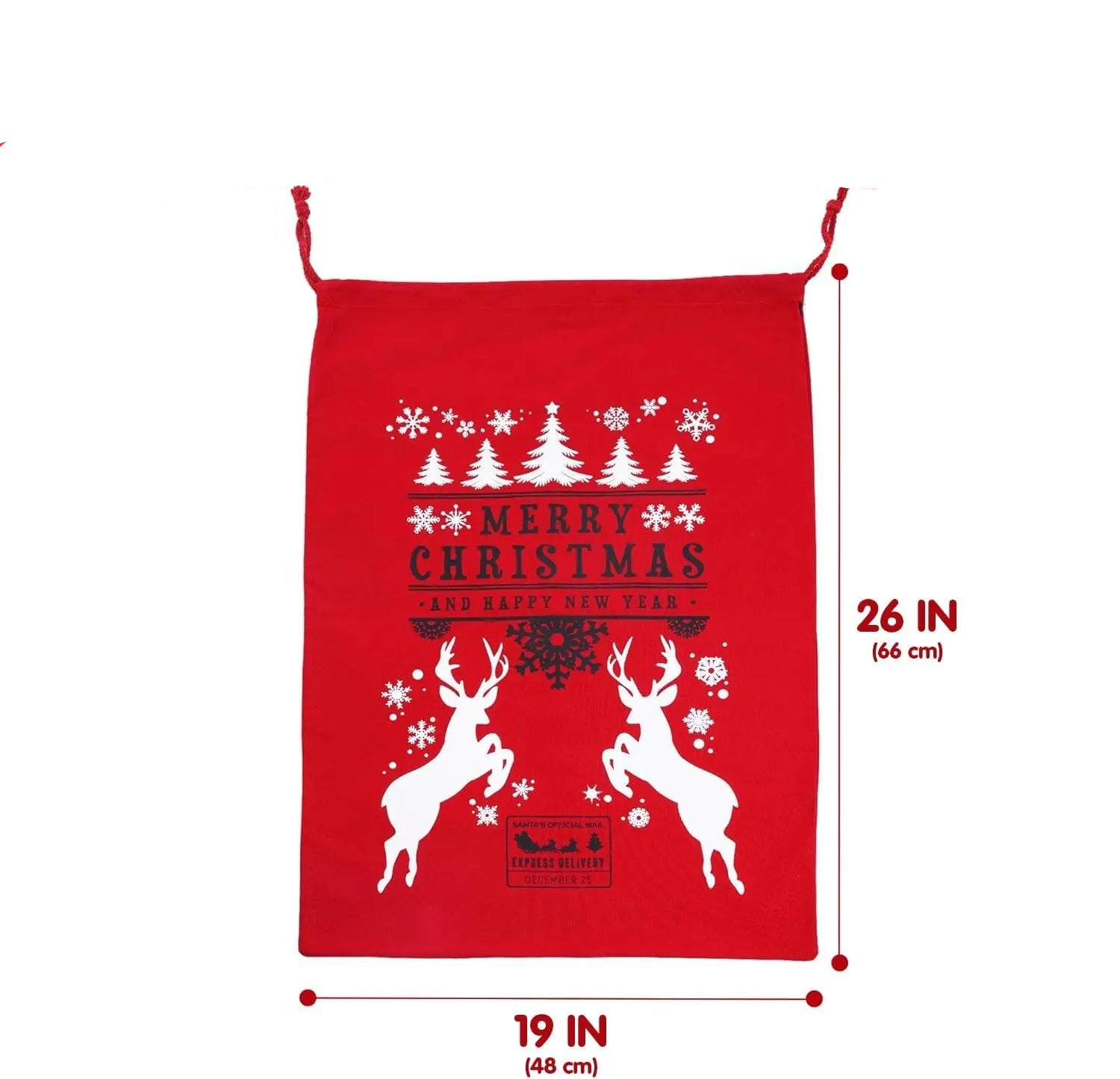 Reusable Christmas Santa Gift Sacks – 3-Pack Canvas Bags Red Christmas sack with white holiday graphics and text reading 'Merry Christmas and Happy New Year,' shown with dimension lines indicating 26 inches by 19 inches on a white background with a red 'Product Size' header.