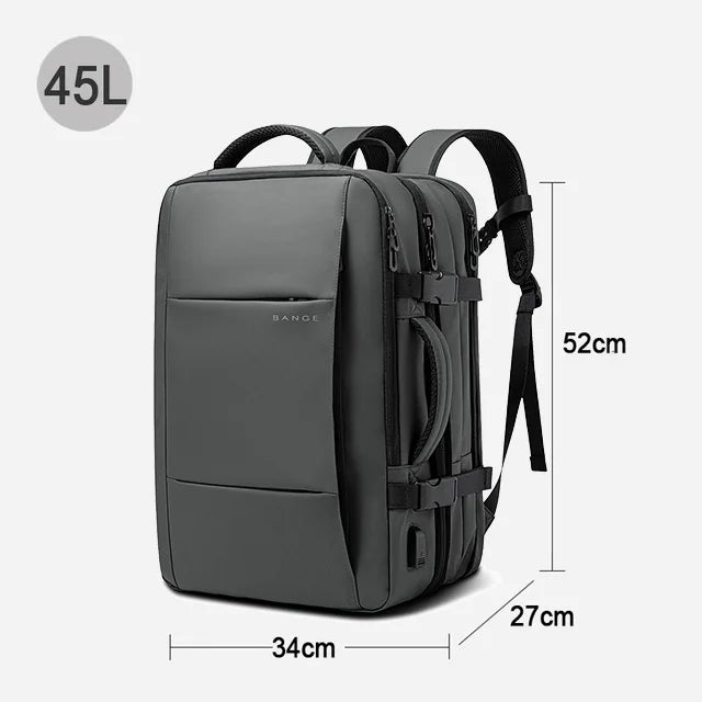Expandable Laptop Backpack – Waterproof Travel & Hiking Bag Gray backpack with dimensions and capacity label on a white background