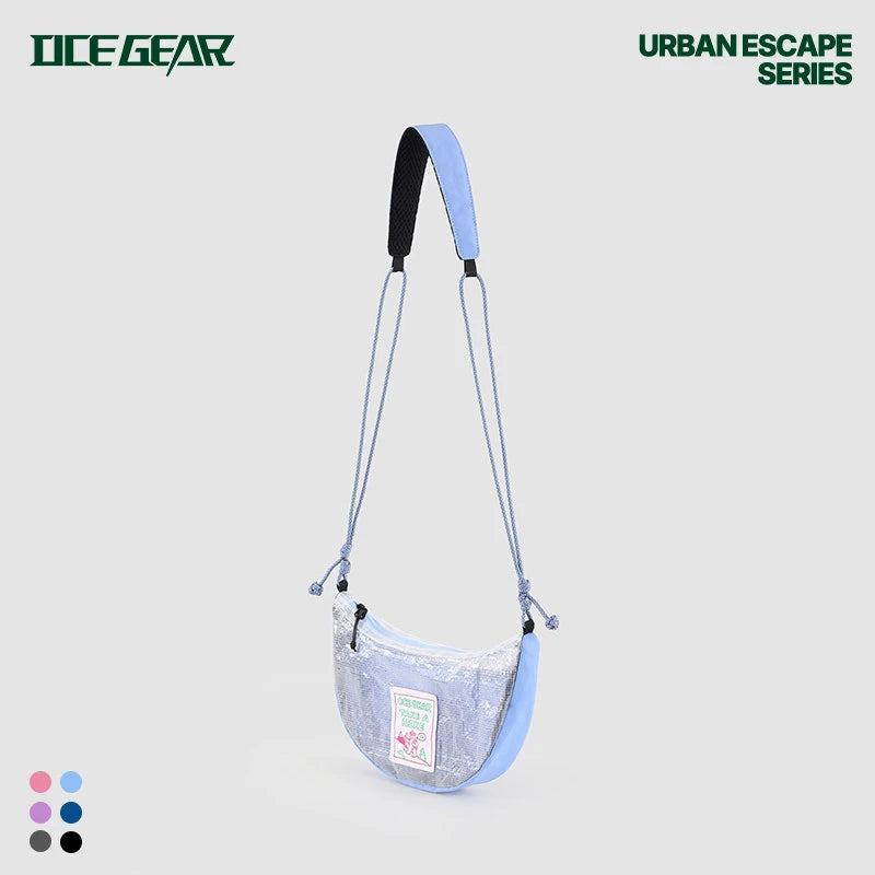 Ultralight Mesh Sling Bag – Waterproof Half Moon Crossbody Bag A light blue and white patterned semi-transparent shoulder bag with a matching blue strap, shown on a light gray background with 'OCE GEAR' and 'URBAN ESCAPE SERIES' text.