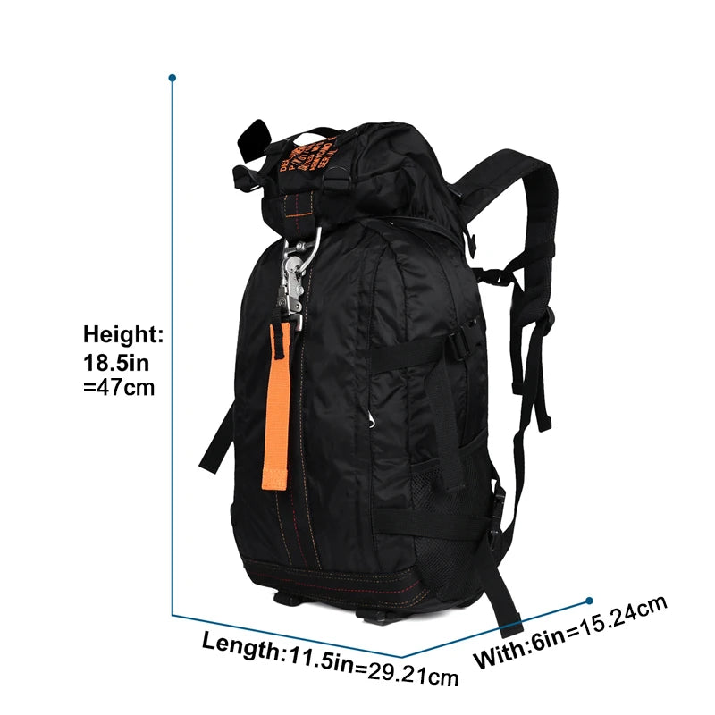 Waterproof Hiking Backpack – Lightweight Trekking & Camping Daypack Black backpack with orange accents and measurements on a white background