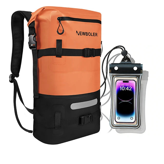 PVC Waterproof Dry Bag Backpack – Kayaking, Swimming & Camping Orange and black backpack with phone pouch on a white background