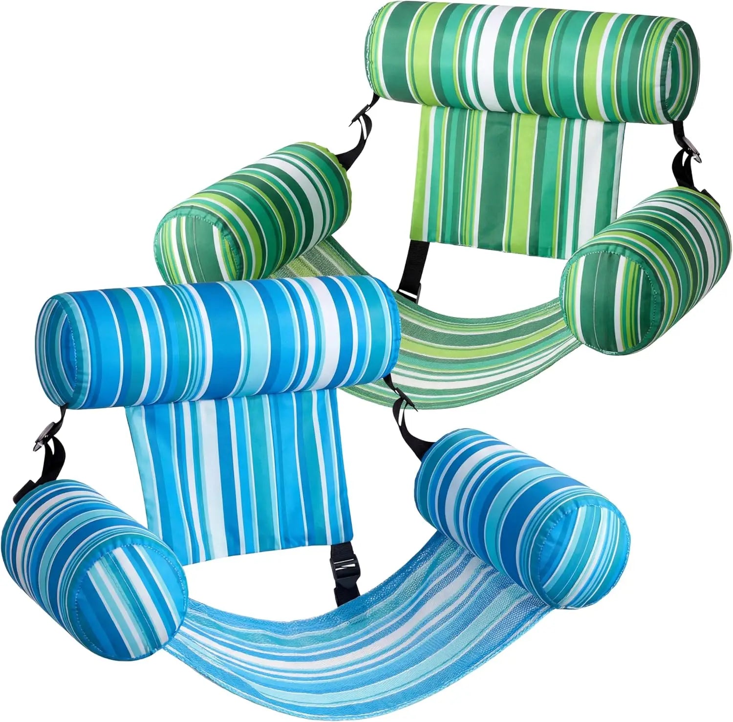 Inflatable Pool Chair – Leaf Floating Lounger for Pool & Beach Striped blue and green inflatable chair on a white background