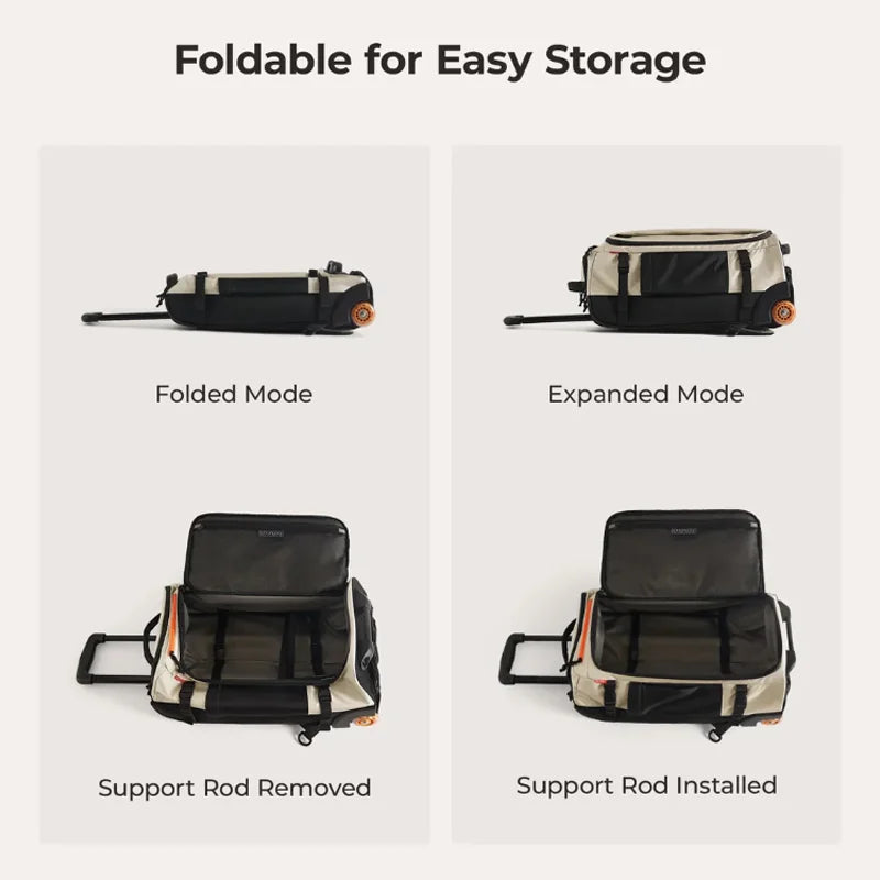 Wheeled Travel Backpack – Large Capacity Carry-On A product feature graphic showing a rolling storage bag in four configurations: folded mode, expanded mode, with the support rod removed and with the support rod installed. The text at the top reads 'Foldable for Easy Storage'.