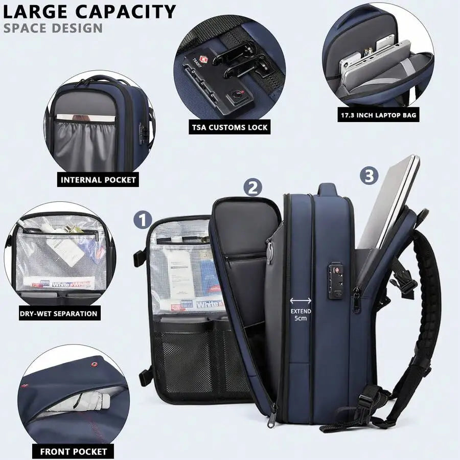 Compressible Travel Backpack – Expandable Outdoor Hiking Backpack A navy blue backpack-style laptop bag shown with callout circles and labels explaining its features, including internal pockets, TSA customs lock, 17.3-inch laptop capacity, dry-wet separation, front pocket, and large capacity space design.