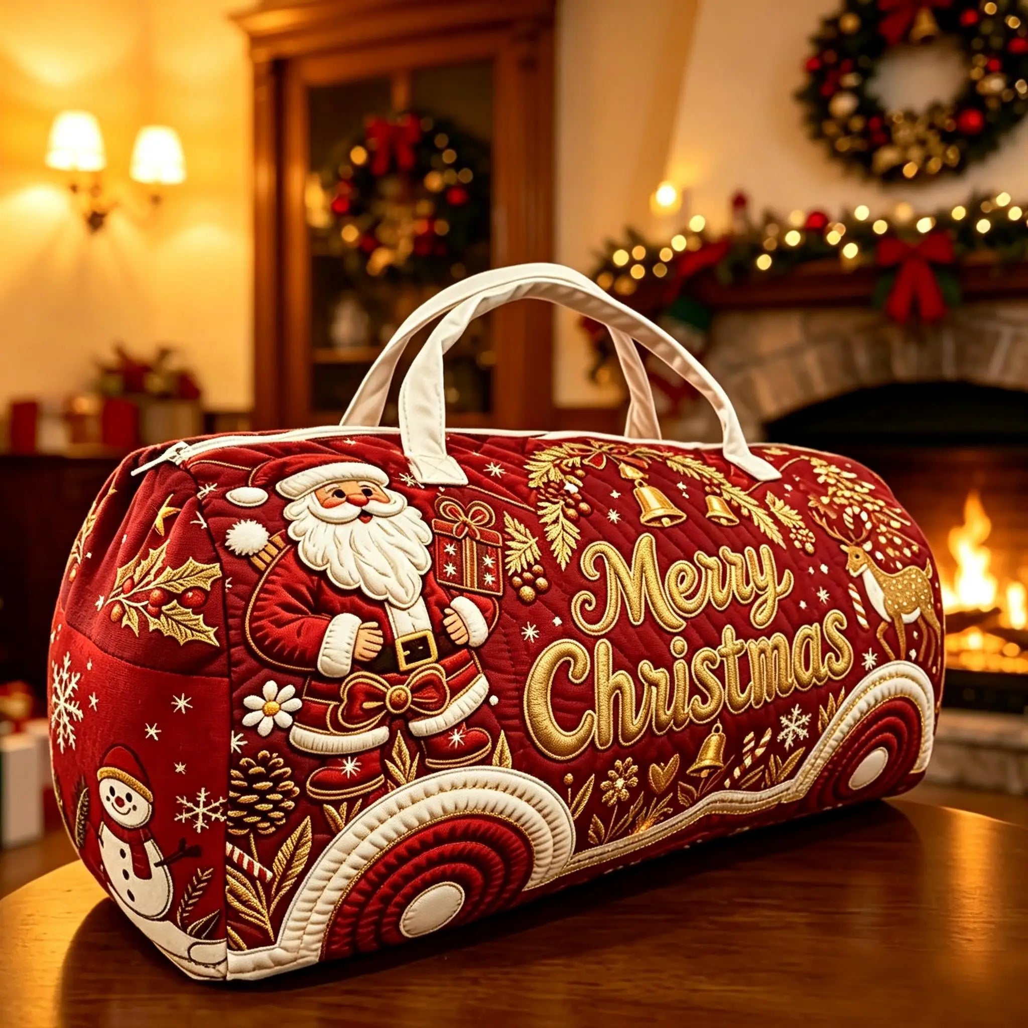 Christmas Bus Novelty Tote Bag – Snowflake Print Travel Handbag A red Christmas-themed duffel bag with embroidered Santa Claus, gold 'Merry Christmas' lettering, and holiday motifs, placed on a wooden table in a warmly lit holiday room with a fireplace and wreaths in the background.