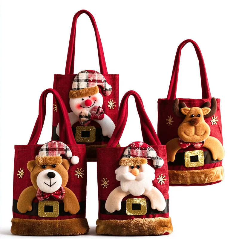 8-Pack Christmas Linen Gift Bags – Santa Candy & Treat Bags Four red Christmas-themed canvas tote bags with plush animal and holiday character designs, including Santa Claus, a reindeer, a teddy bear, and a snowman, shown on a white background.