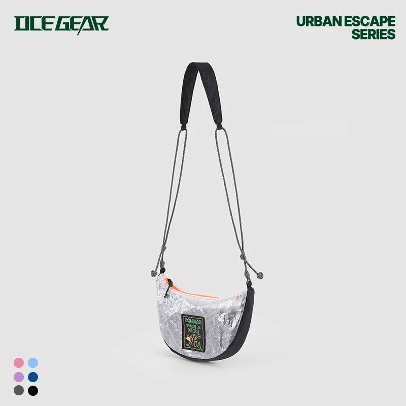 Ultralight Mesh Sling Bag – Waterproof Half Moon Crossbody Bag A semi-circular crossbody bag from Ice Gear, featuring a metallic silver patterned body, black trim, a black shoulder strap, and a small green brand patch on the front. The image is set against a light gray background with 'ICE GEAR' and 'URBAN ESCAPE SERIES' text, plus color swatches in the bottom-left corner.