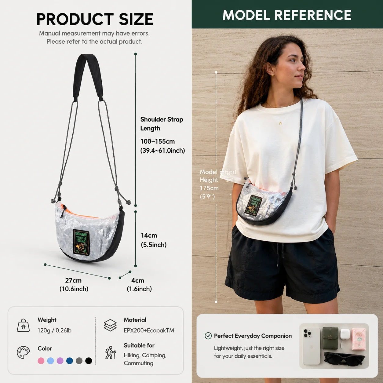 Ultralight Mesh Sling Bag – Waterproof Half Moon Crossbody Bag Product size and model reference infographic for a small shoulder bag. The left side shows the bag with labeled dimensions for the shoulder strap, height, width, and depth, plus weight and material details.