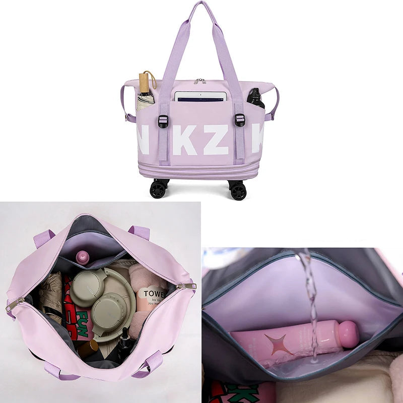 Large Capacity Foldable Travel Bag with Wheels A collage showing a light purple/lavender rolling tote bag with wheels, including a front view, an open view showing the interior storage space, and a close-up of water being poured into the bag to demonstrate waterproofing. The bag has white block letters on the front and is shown filled with various toiletries.