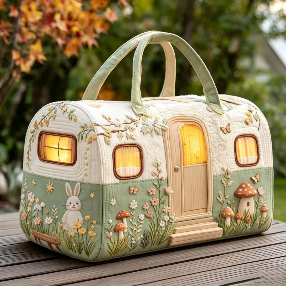 Christmas Quilted Travel Tote Bag – Vintage Camping Car Handbag A decorative camper-shaped handbag or small storage case sits on a wooden table outdoors. The bag is cream and sage green with raised floral and bunny details, a faux wood door, glowing warm window lights, and mushrooms near the base.