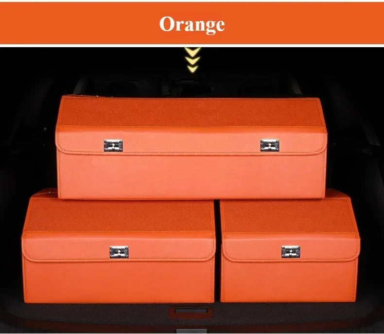 Leather Car Trunk Organizer – Large Capacity Foldable Storage Box Three orange storage boxes stacked inside a car trunk, with an orange banner at the top labeled 'Orange'.