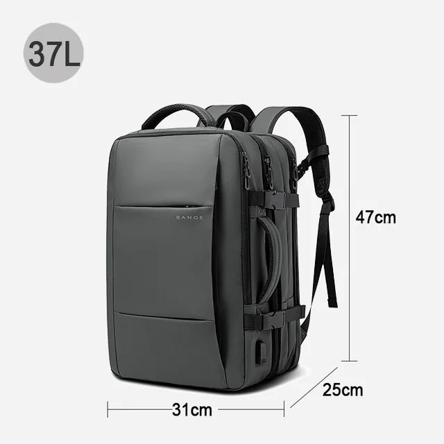 Expandable Laptop Backpack – Waterproof Travel & Hiking Bag Gray backpack with measurement details on a white background