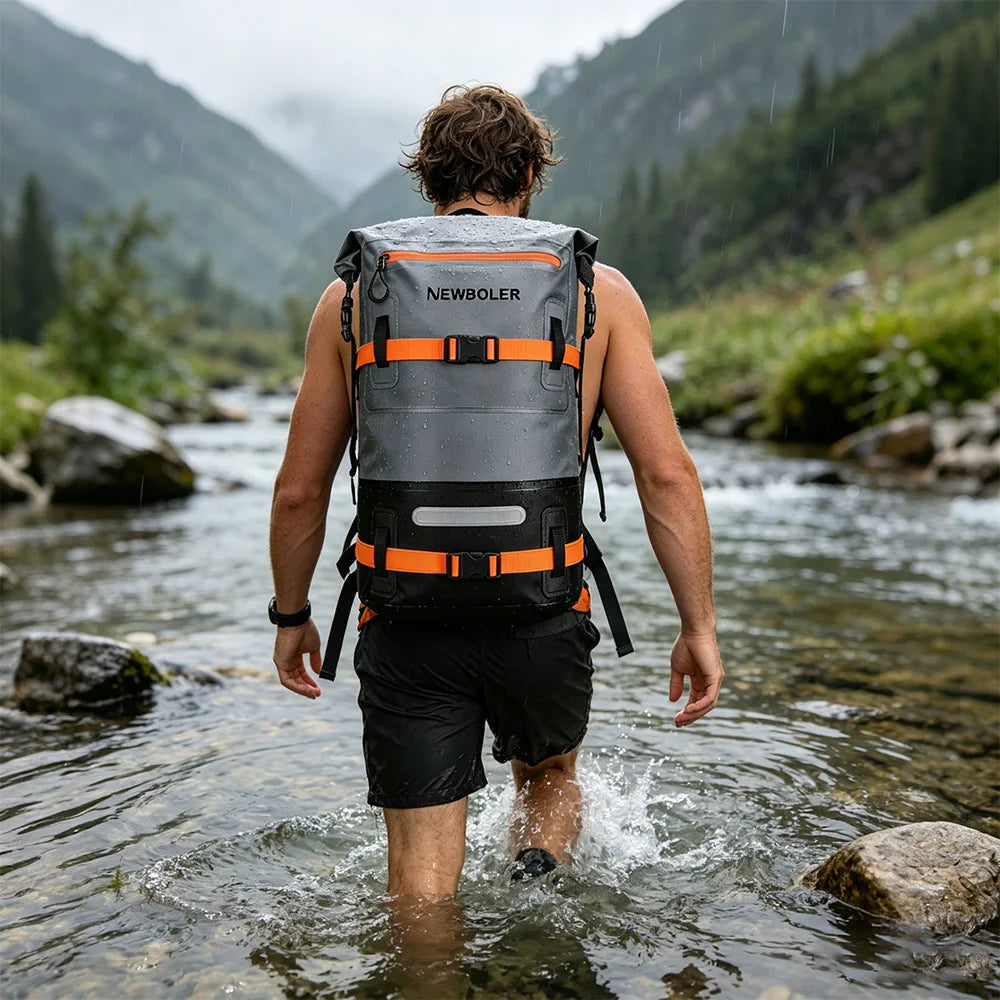 PVC Waterproof Dry Bag Backpack – Kayaking, Swimming & Camping Person with a Newboler backpack crossing a stream in a mountainous area