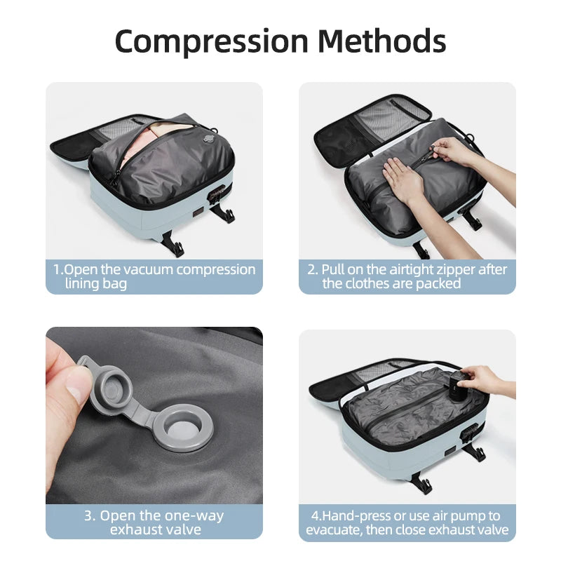 Vacuum Compression Laptop Backpack – USB Charging Travel & Hiking Step-by-step guide on using a vacuum compression lining bag for packing clothes.