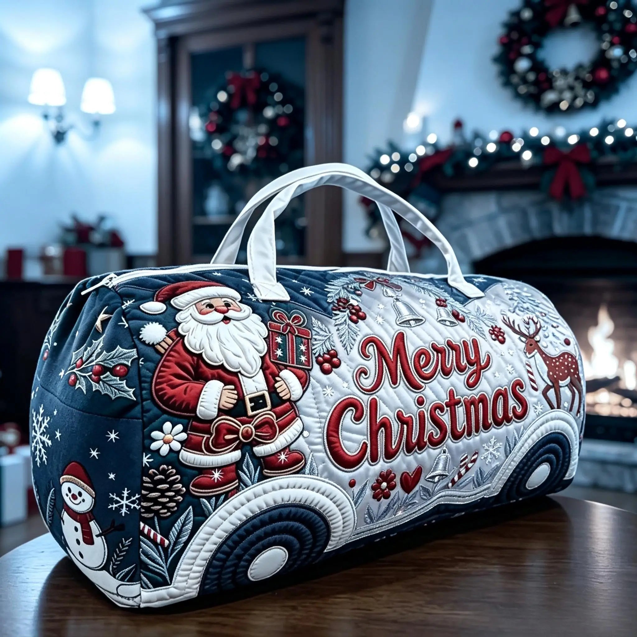 Christmas Bus Novelty Tote Bag – Snowflake Print Travel Handbag A cylindrical duffel bag with a Christmas-themed car design, featuring Santa Claus, reindeer, snowman, and 'Merry Christmas' text, set on a wooden table in a cozy holiday-lit room.