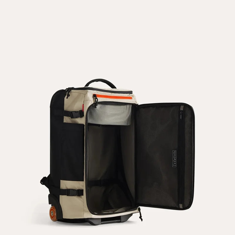 Wheeled Travel Backpack – Large Capacity Carry-On Black and beige travel bag with open compartment on a light gray background