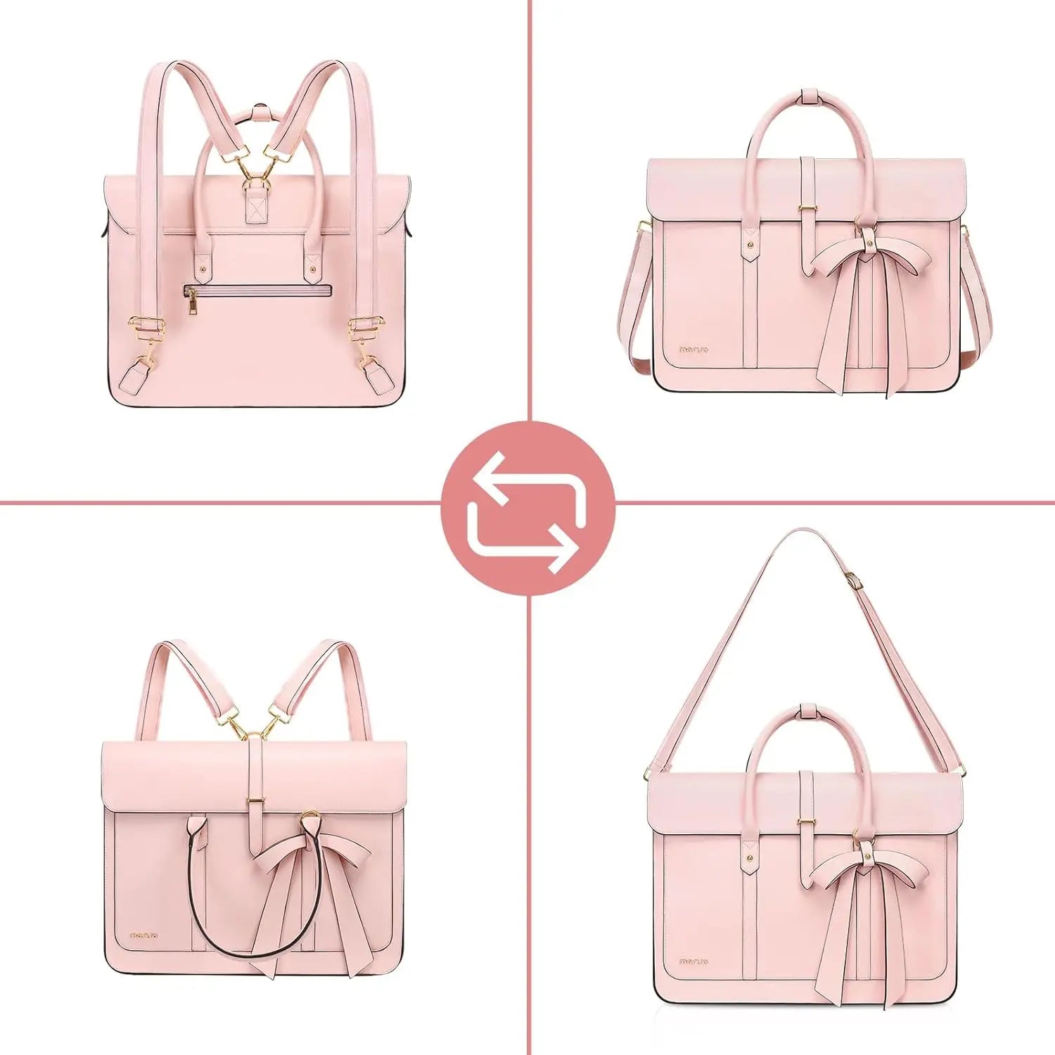 Laptop Bag – Convertible Briefcase, Shoulder & PU Leather Backpack Pink handbag with bow detail shown from multiple angles on a white background