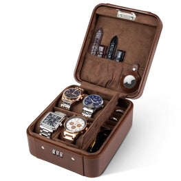 Brown leather watch case with multiple watches inside on a white background