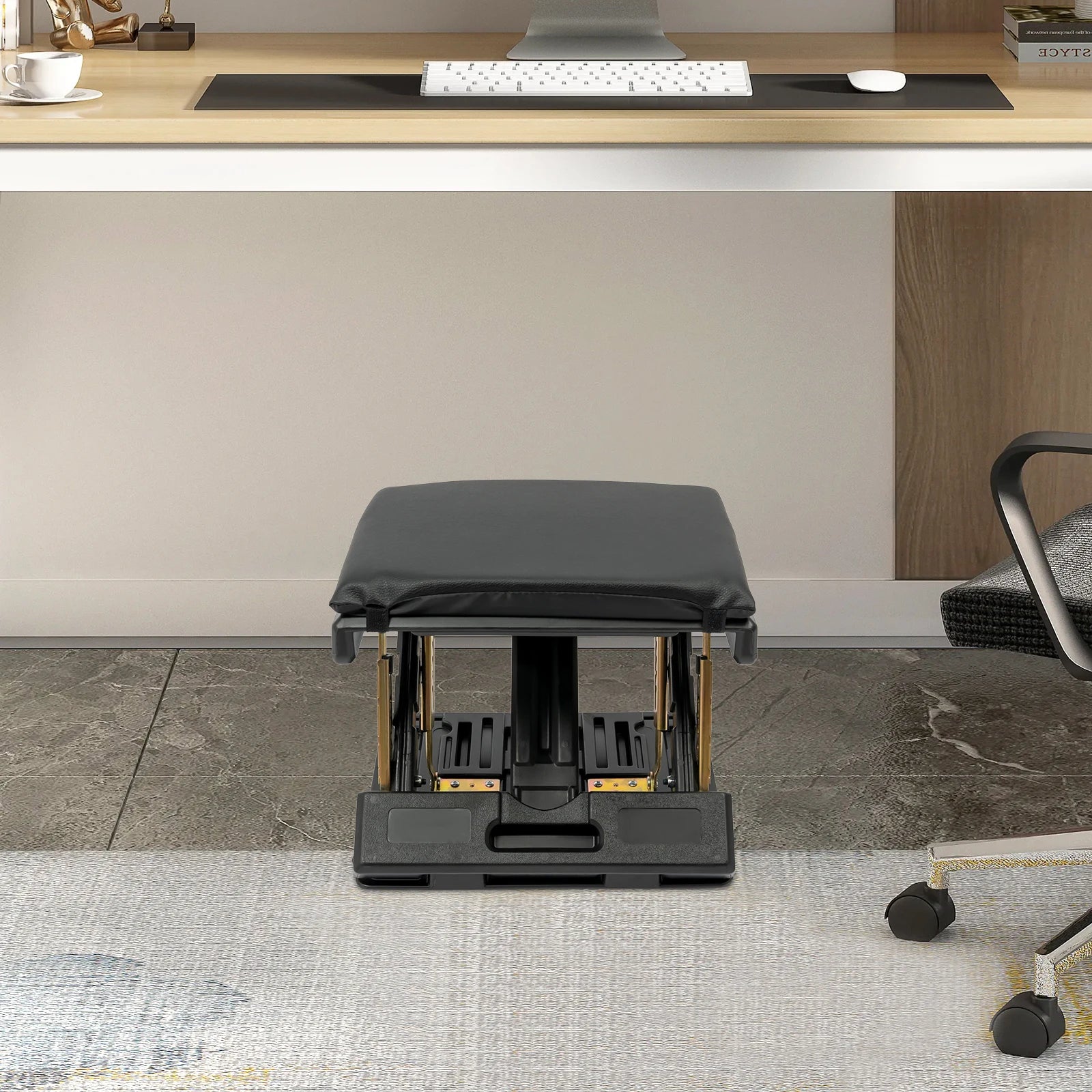 Adjustable Foldable Footrest – Ergonomic Footrest for Car, Office & Home Black adjustable stool in a home office setting