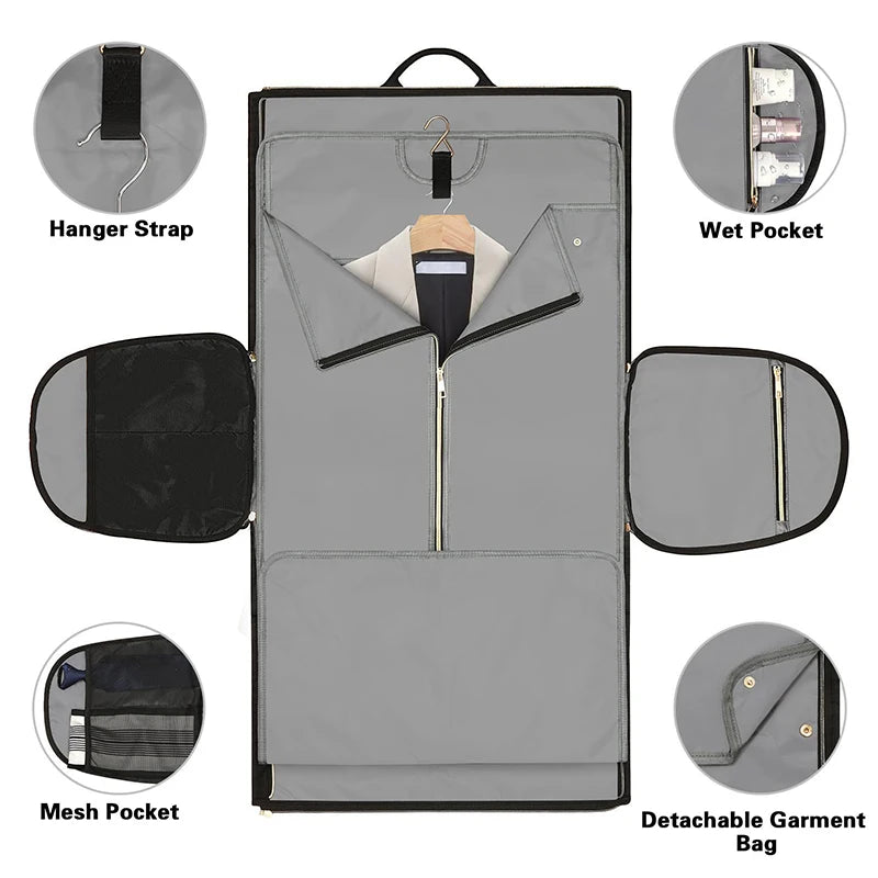 Foldable Travel Duffel Bag – Large Capacity Expandable Luggage Bag Gray garment bag with features highlighted on a white background
