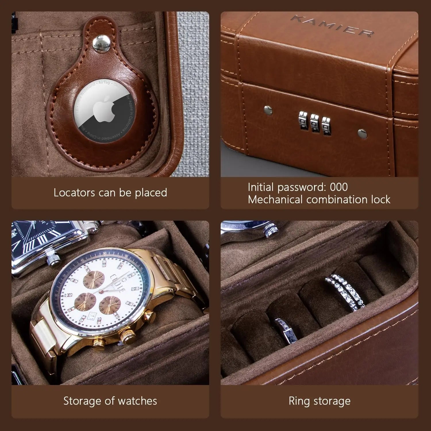 Travel Watch & Jewelry Case with Combination Lock – PU Leather Organizer Brown jewelry box with watch and ring storage compartments, featuring locators and a mechanical combination lock.