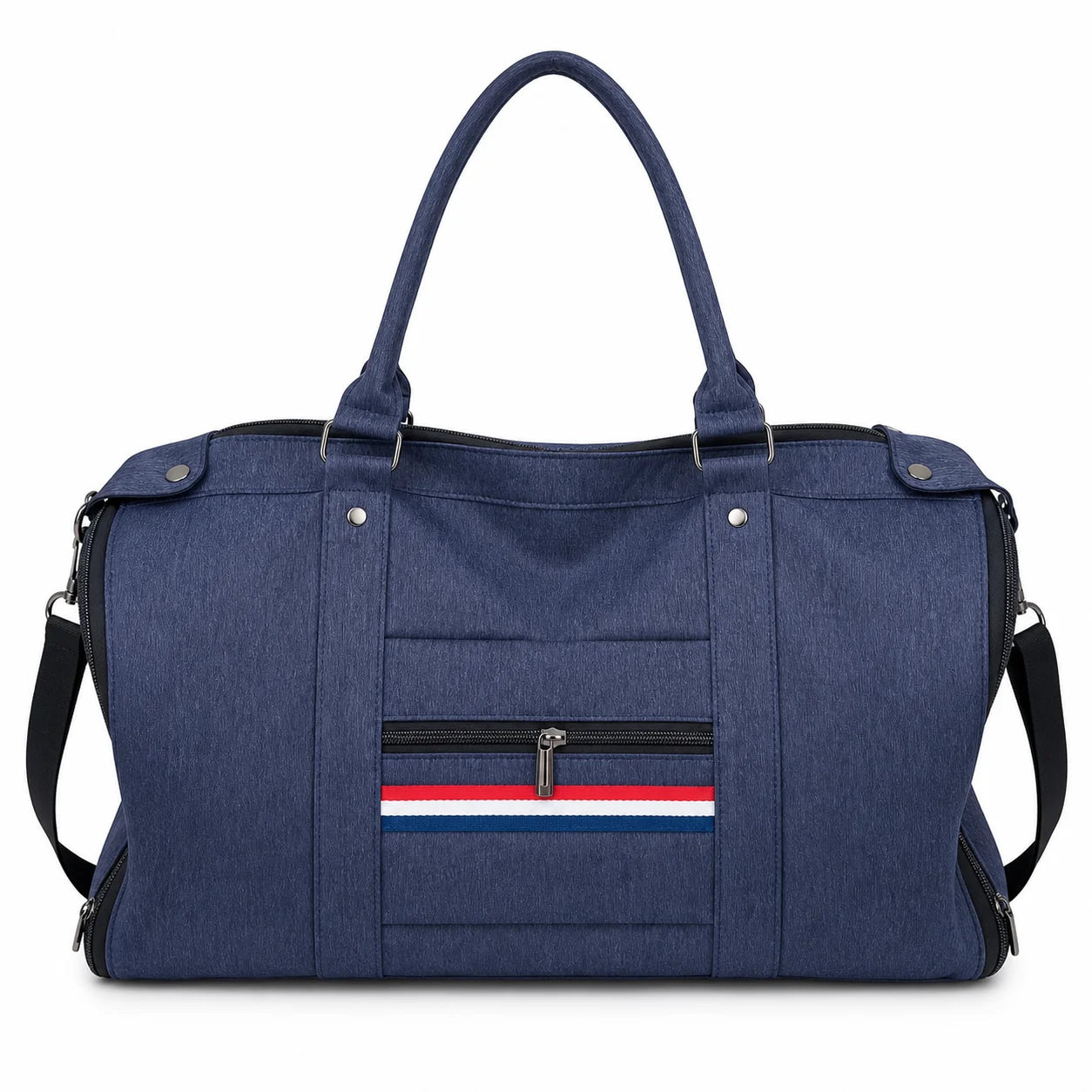 Premium Garment Duffel Bag with Shoe Compartment Blue duffel bag with a striped pocket on a white background
