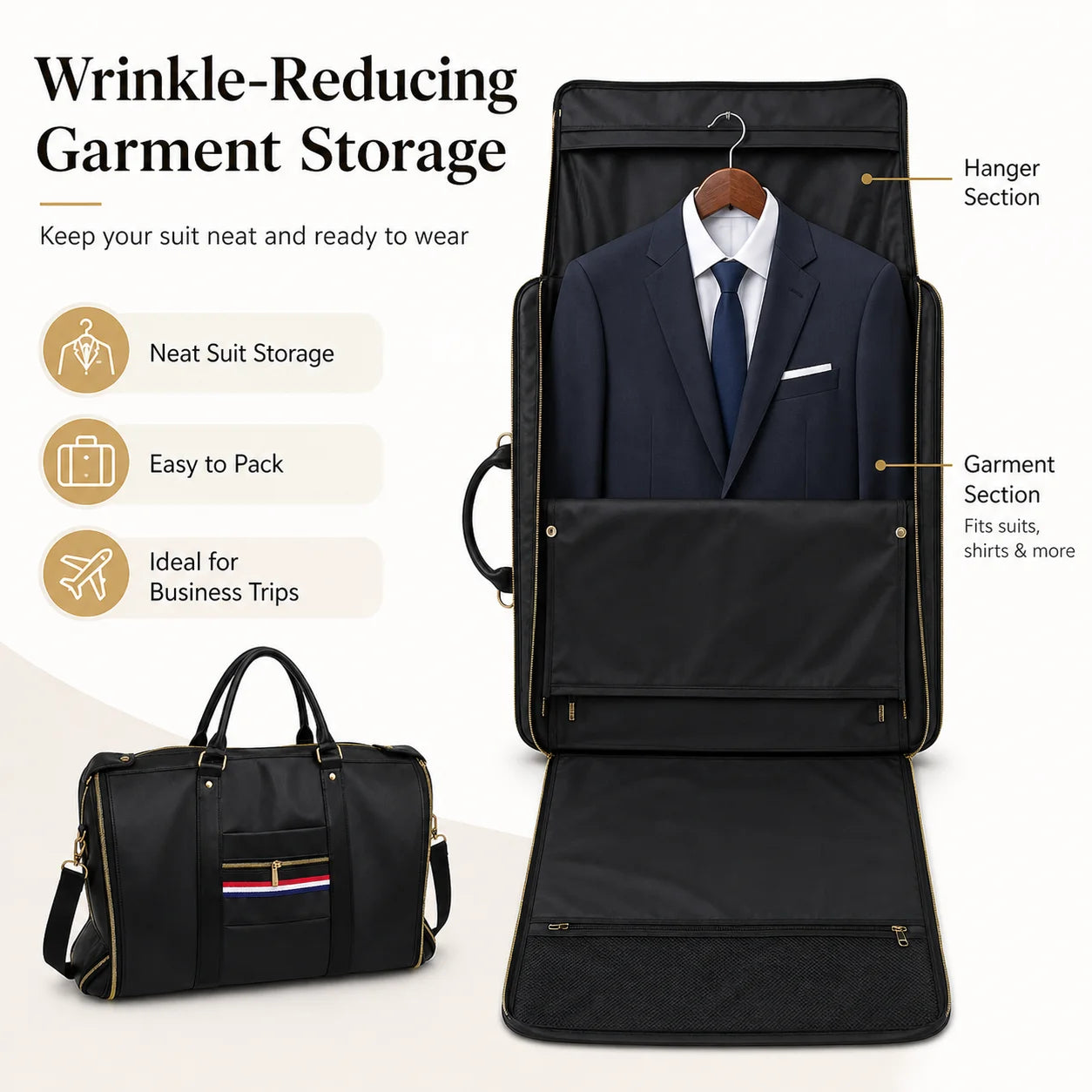 Premium Garment Duffel Bag with Shoe Compartment Black wrinkle-reducing garment storage bag shown both closed and open, with a navy suit hanging inside. The image includes marketing text and callouts highlighting features like hanger section, garment section, neat suit storage, and ease of pack.